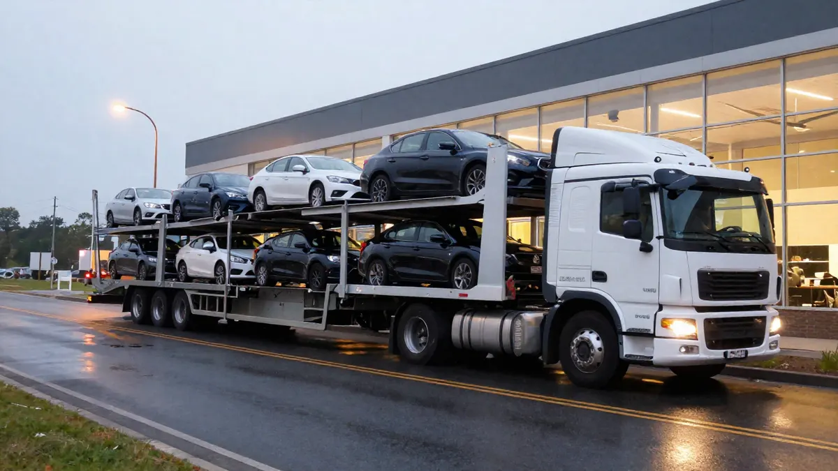 Car carrier truck unloading new sedans outside a dealership, showing how far a dealer will deliver a car