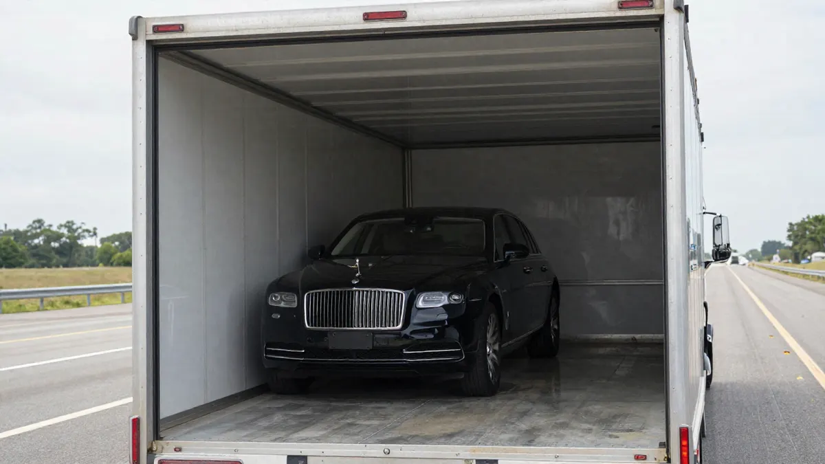 Luxury car loaded into an enclosed trailer for secure transportation, protected from weather and road debris