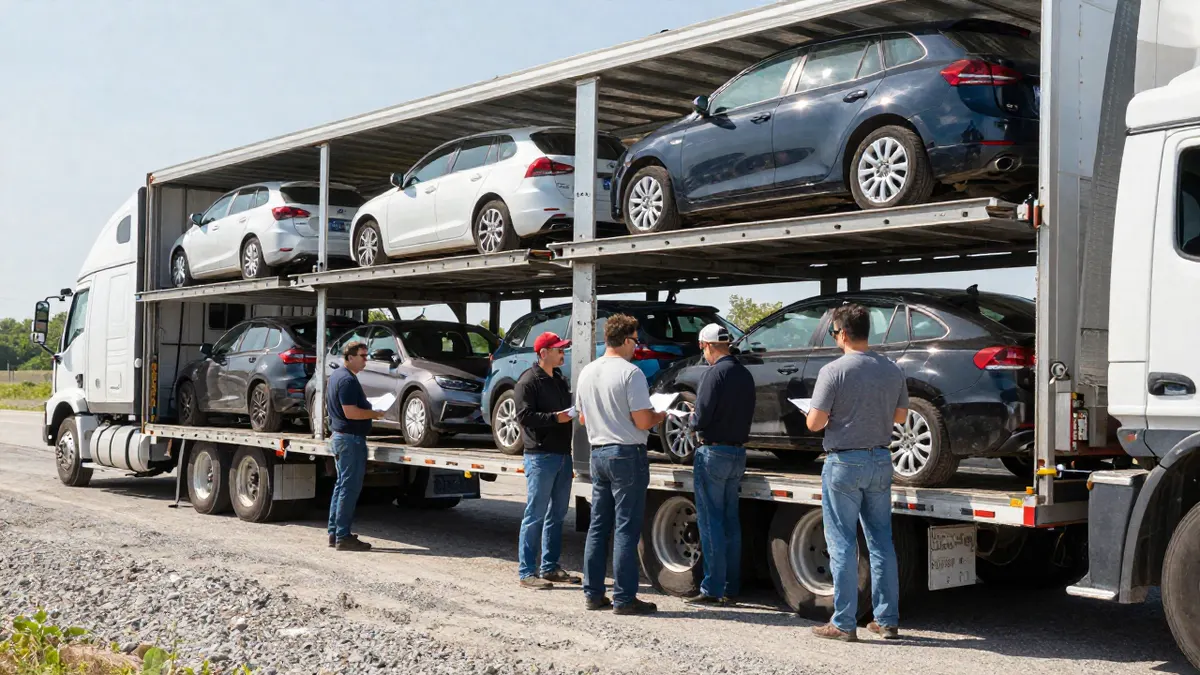 Auto transport crew beside an open car carrier trailer at a loading yard, ready to move vehicles