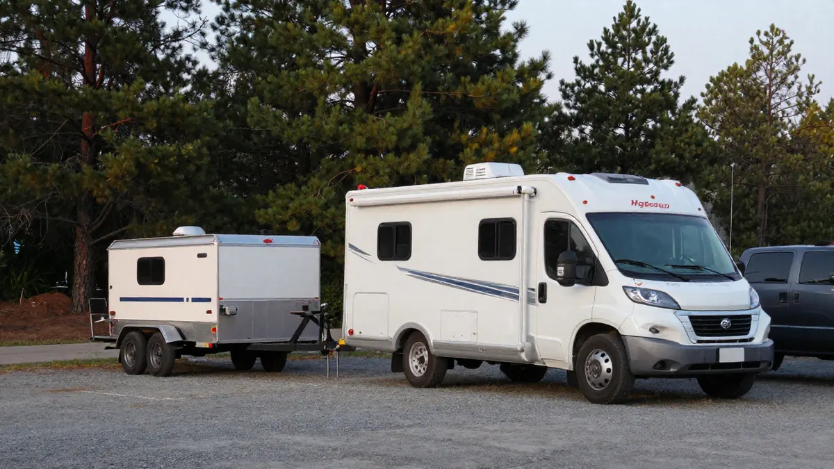 Motorhome, utility trailer and boat being moved on a flatbed, showing recreational vehicle transport
