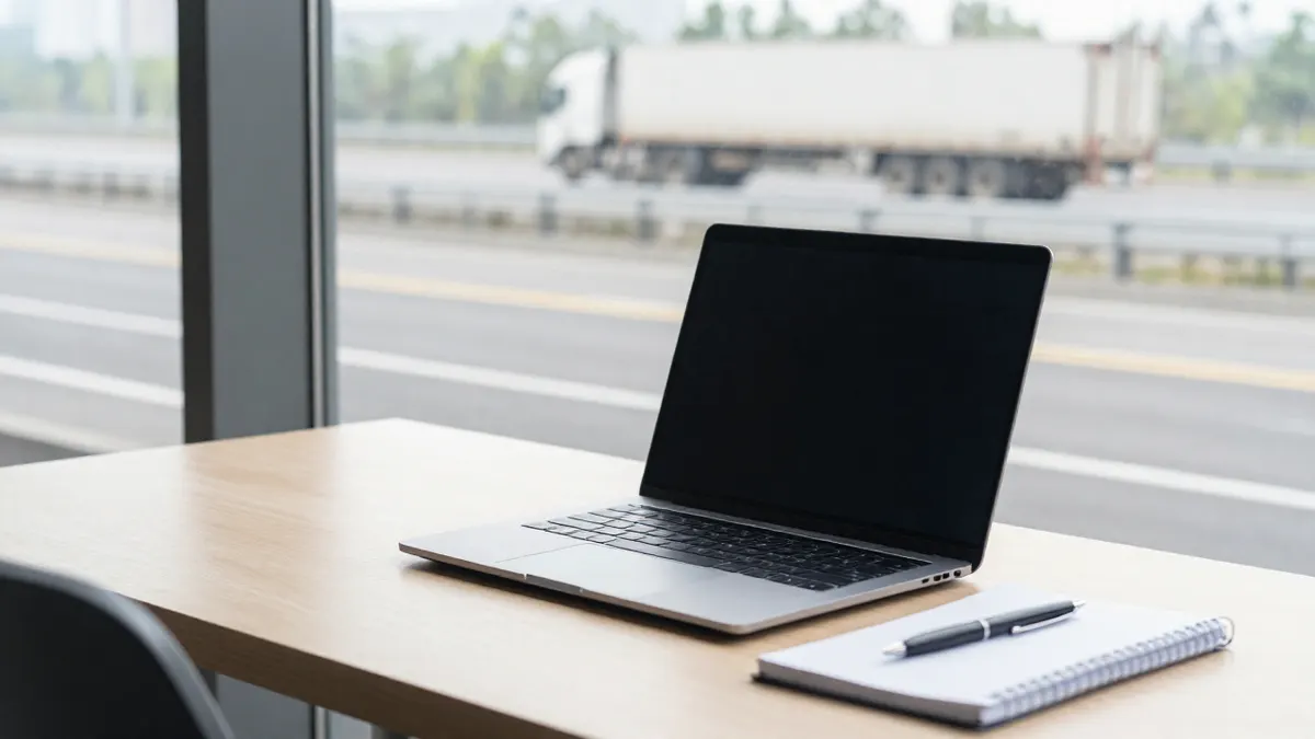 Laptop and notebook on a desk by a window, with a truck passing on the highway outside