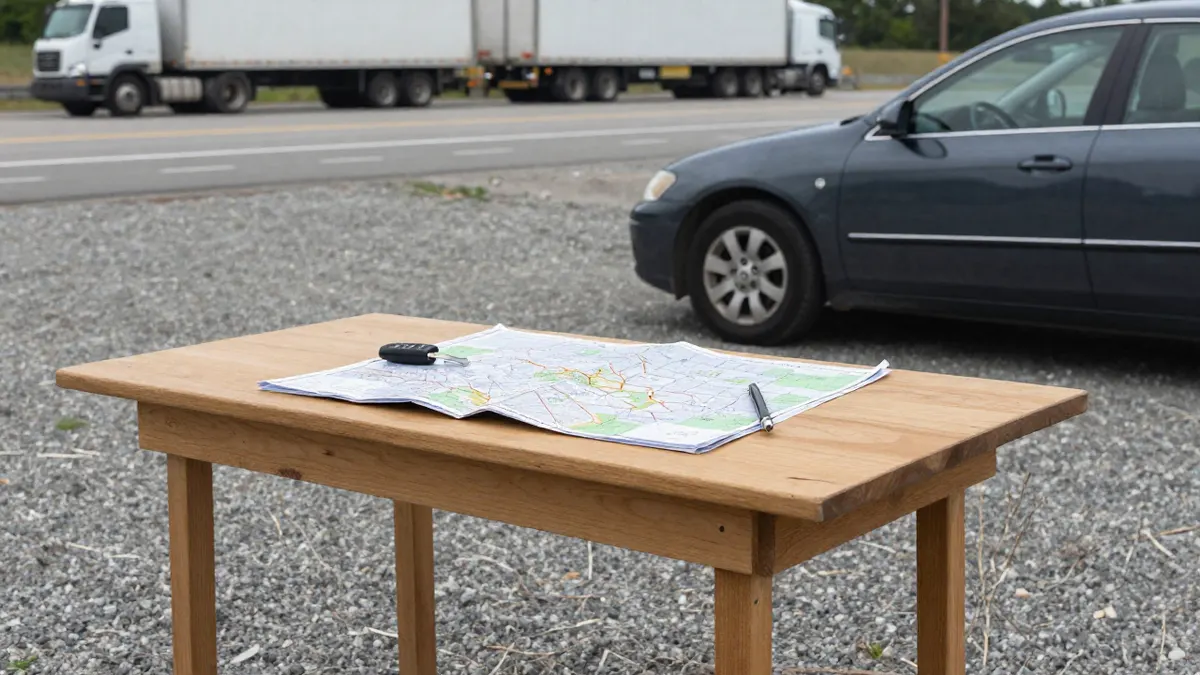 Car key, map and pen on a table beside a parked sedan, a simple overview of shipping your car