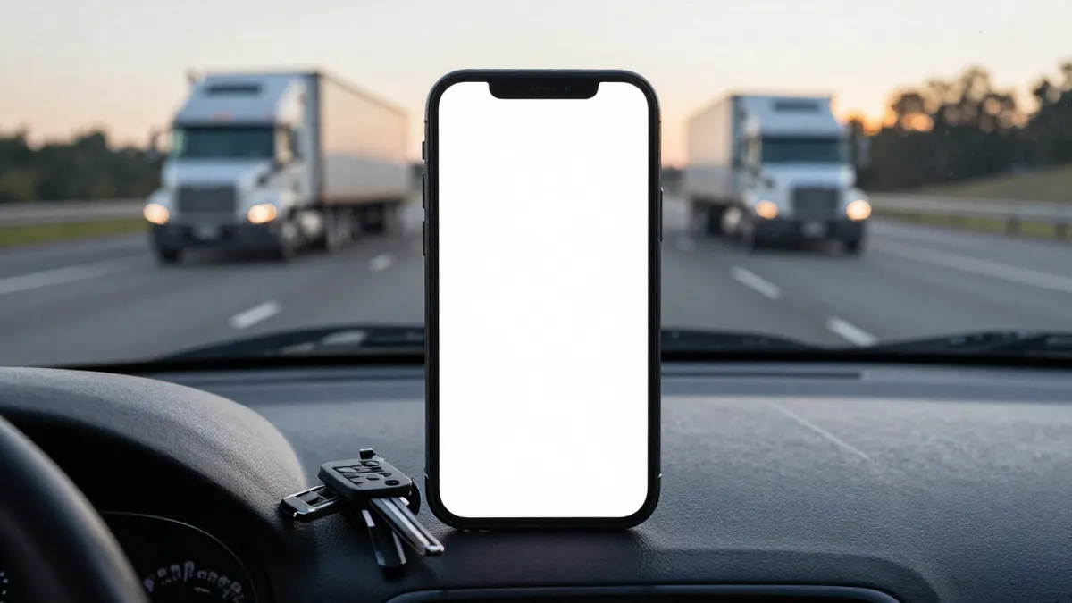 Phone and keys on a car dashboard with a carrier truck ahead on the highway, showing the car shipping process