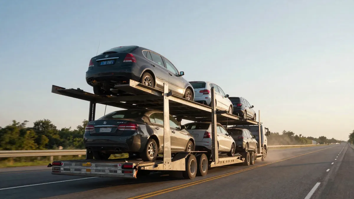 Open carrier trailer hauling cars on two levels down a highway at sunset, showing open car transport